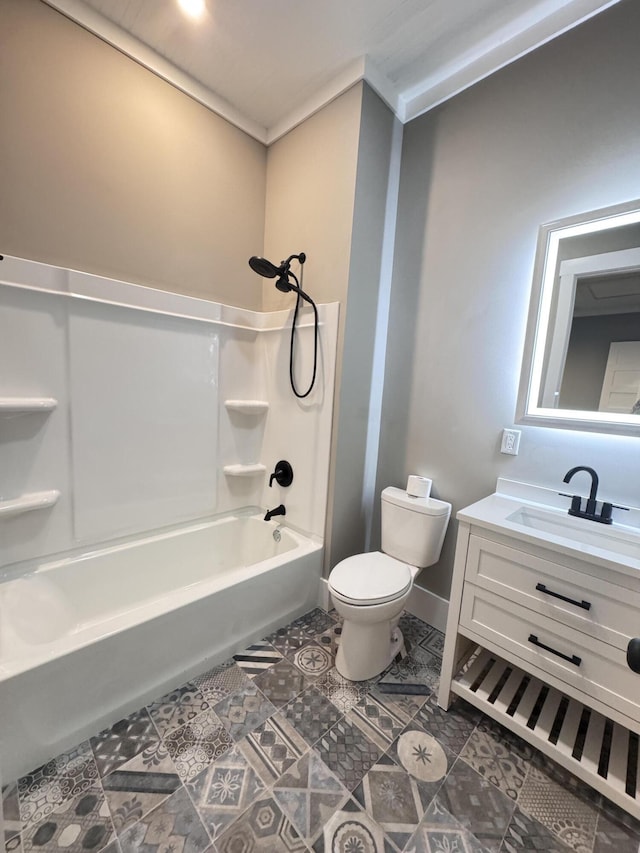 bathroom featuring toilet, shower / bath combination, and vanity