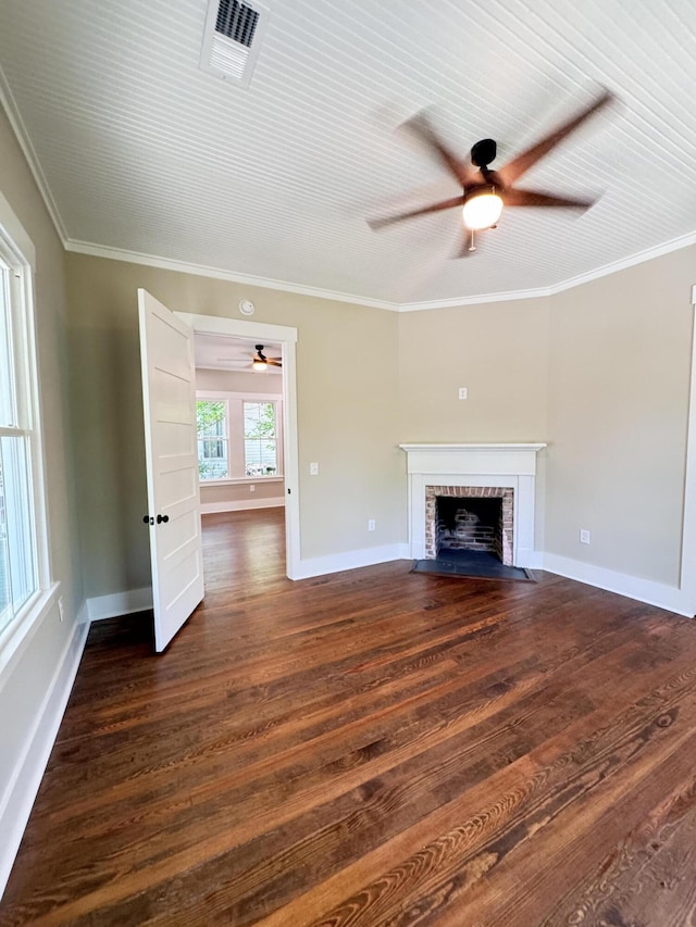 unfurnished living room featuring ceiling fan, visible vents, dark wood-style floors, and a fireplace