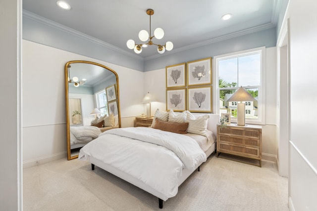 bedroom with crown molding, recessed lighting, light carpet, a chandelier, and baseboards