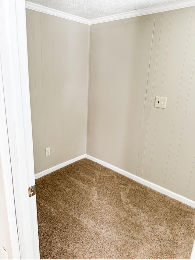 unfurnished room with ornamental molding, carpet flooring, and a textured ceiling