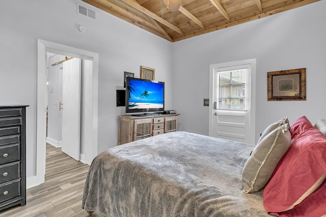 bedroom featuring lofted ceiling with beams, light wood finished floors, visible vents, and wood ceiling