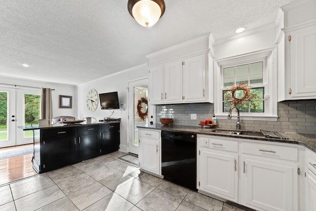 kitchen with dishwasher, decorative backsplash, and white cabinets