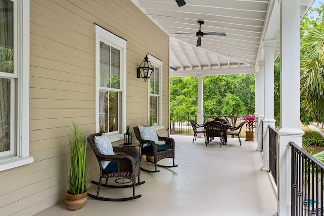 view of patio with a porch and ceiling fan
