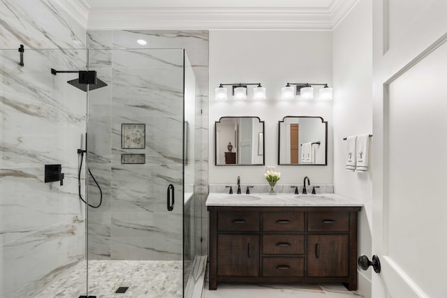 bathroom with crown molding, a marble finish shower, marble look tiles, and double vanity