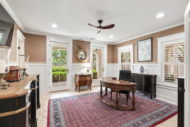 sitting room featuring ceiling fan, a wainscoted wall, recessed lighting, ornamental molding, and an office area