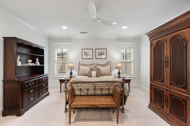 bedroom featuring light carpet, multiple windows, ornamental molding, baseboards, and recessed lighting