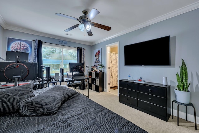 bedroom with light carpet, ensuite bath, ceiling fan, and ornamental molding