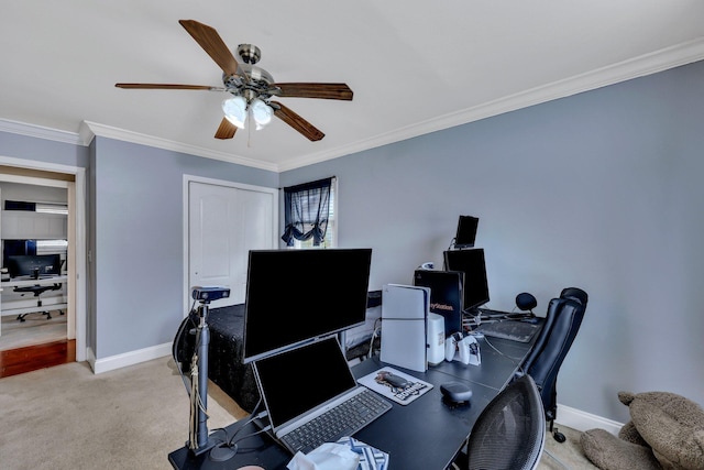 carpeted office with ornamental molding