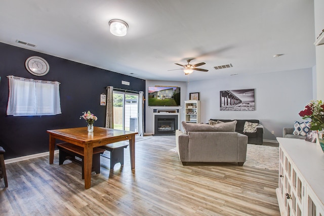 2021 Asher Loop, Summerville, SC 29485 - living room featuring a ceiling fan, a glass covered fireplace, light wood-type flooring, and baseboards