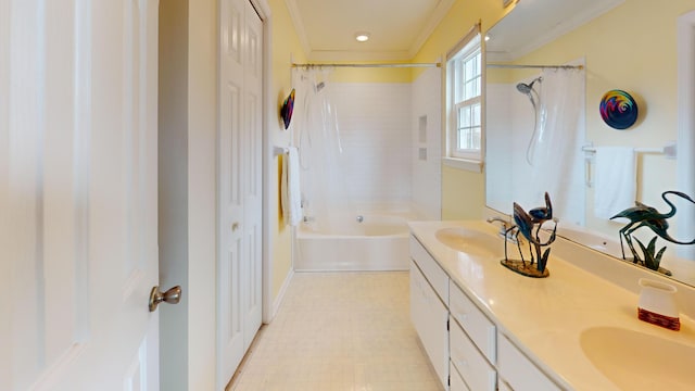 full bath featuring double vanity, shower / bath combo, a sink, and crown molding