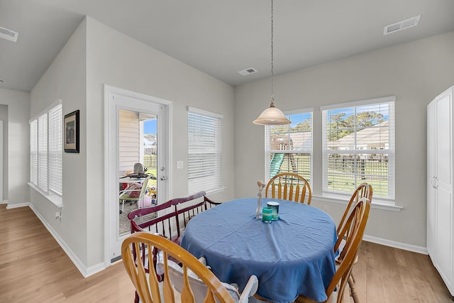 dining area with visible vents, light wood finished floors, and baseboards