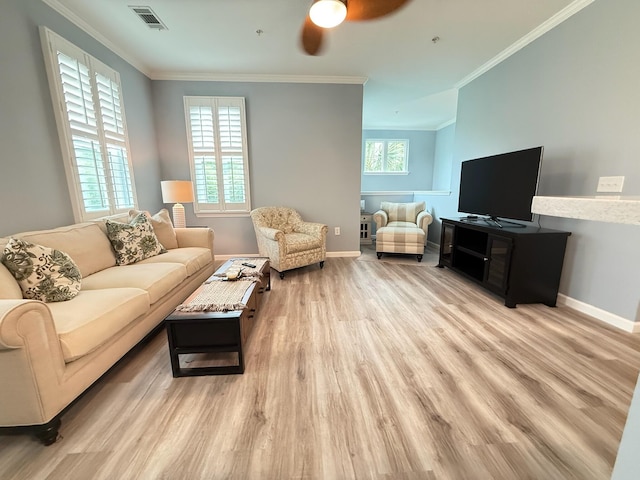 1225 Blakeway St Unit 906, Charleston, SC 29492 - living room with light wood-style flooring, baseboards, ornamental molding, and a ceiling fan