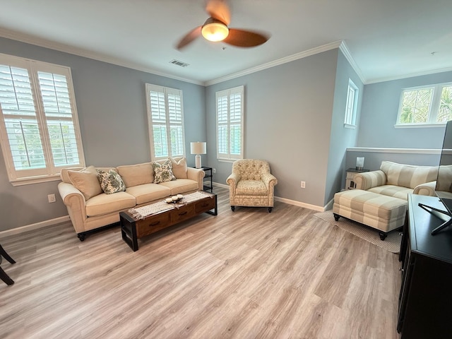 1225 Blakeway St Unit 906, Charleston, SC 29492 - living area with light wood-style floors, healthy amount of natural light, baseboards, ceiling fan, and ornamental molding