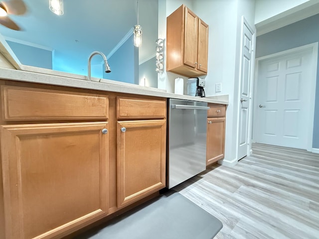 1225 Blakeway St Unit 906, Charleston, SC 29492 - kitchen with dishwasher, light countertops, light wood-type flooring, ornamental molding, and baseboards