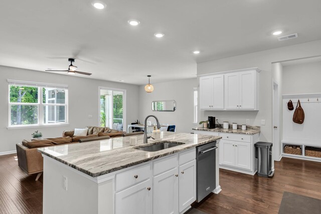 1132 Wading Point Blvd, Huger, SC 29450 - kitchen featuring a sink, dishwasher, dark wood finished floors, an island with sink, and recessed lighting