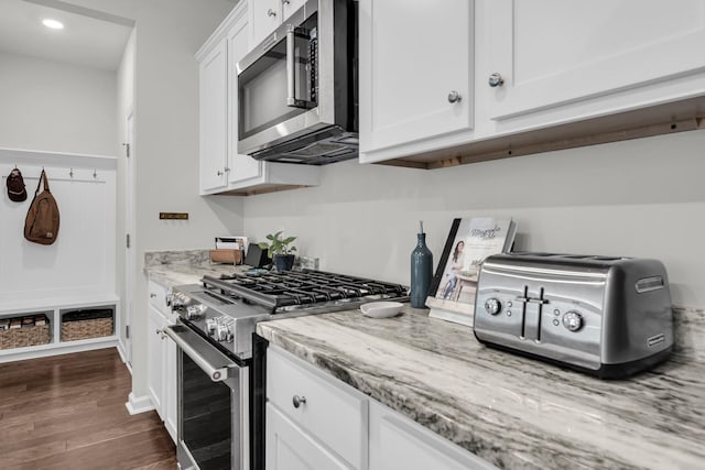 1132 Wading Point Blvd, Huger, SC 29450 - kitchen featuring appliances with stainless steel finishes, dark wood-style flooring, white cabinetry, light stone countertops, and recessed lighting