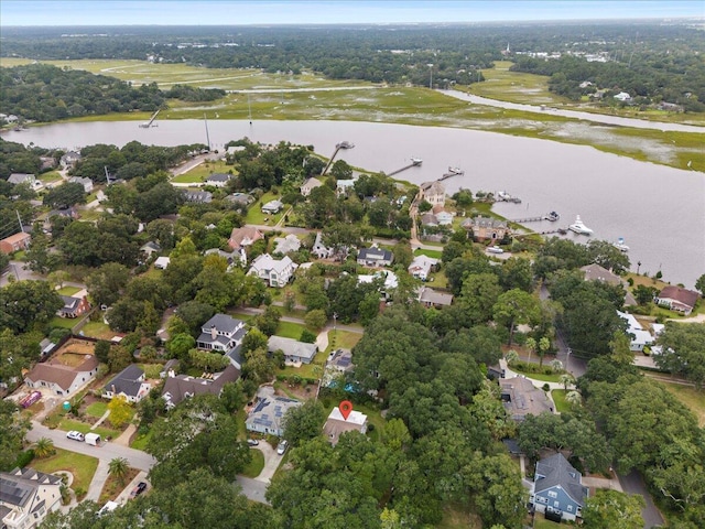 drone / aerial view featuring a water view