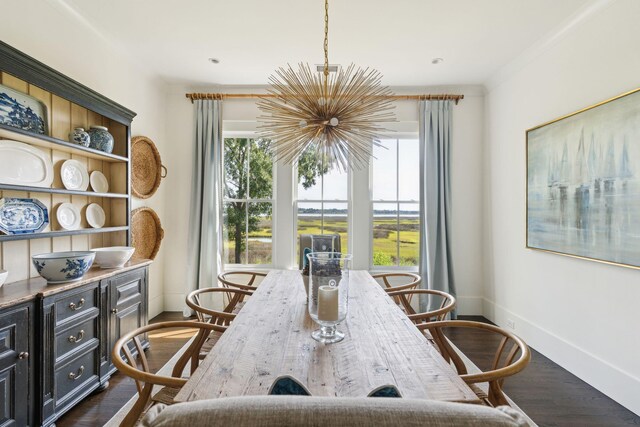 dining space with wood-type flooring, a notable chandelier, and lofted ceiling