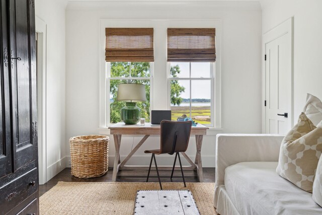 interior details with a water view