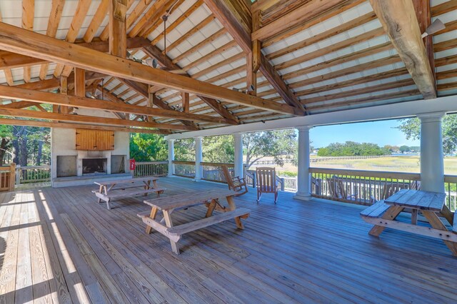 deck with a gazebo and a yard