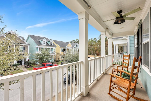 balcony featuring ceiling fan