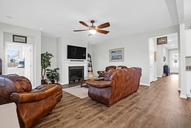 living room with ceiling fan and hardwood / wood-style floors