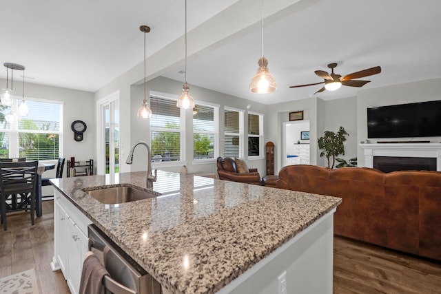 kitchen with pendant lighting, a kitchen island with sink, dark wood-type flooring, and sink