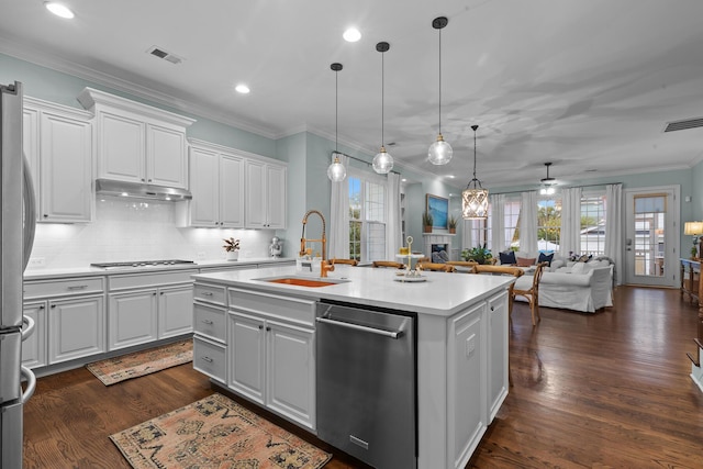 2792 River Vista Way, Mount Pleasant, SC 29466 - kitchen with a sink, stainless steel appliances, plenty of natural light, open floor plan, and ornamental molding