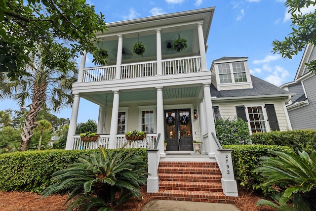 2792 River Vista Way, Mount Pleasant, SC 29466 - view of front of house with a porch, a balcony, french doors, and roof with shingles