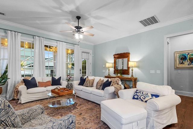 2792 River Vista Way, Mount Pleasant, SC 29466 - living area with wood finished floors, crown molding, ceiling fan, and baseboards