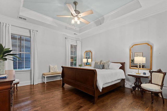 2792 River Vista Way, Mount Pleasant, SC 29466 - bedroom featuring a raised ceiling, wood finished floors, ornamental molding, baseboards, and a ceiling fan