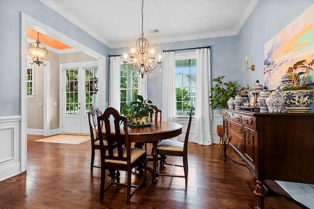 2792 River Vista Way, Mount Pleasant, SC 29466 - dining room featuring a chandelier, dark wood finished floors, ornamental molding, and french doors