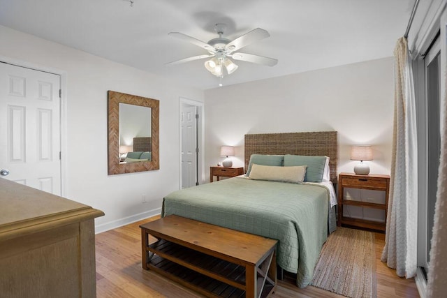 bedroom featuring ceiling fan and light hardwood / wood-style floors