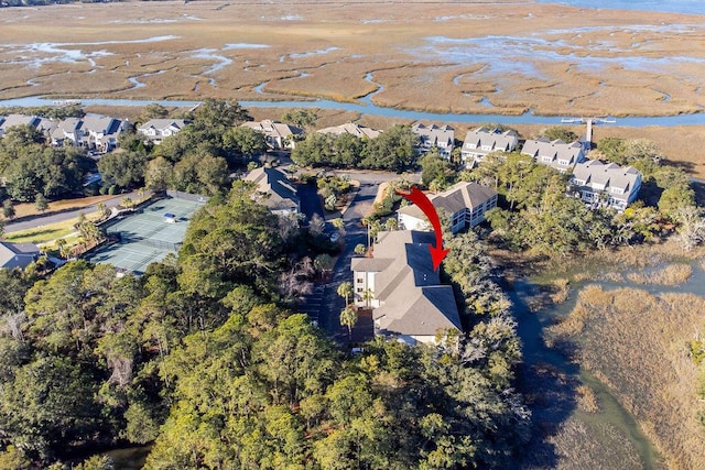 aerial view featuring a water view