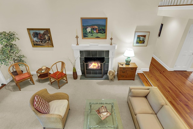 living room with a fireplace