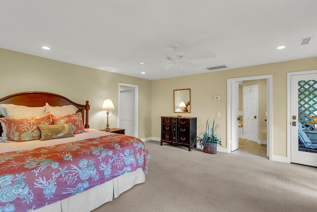 bedroom featuring ceiling fan, access to exterior, and light carpet