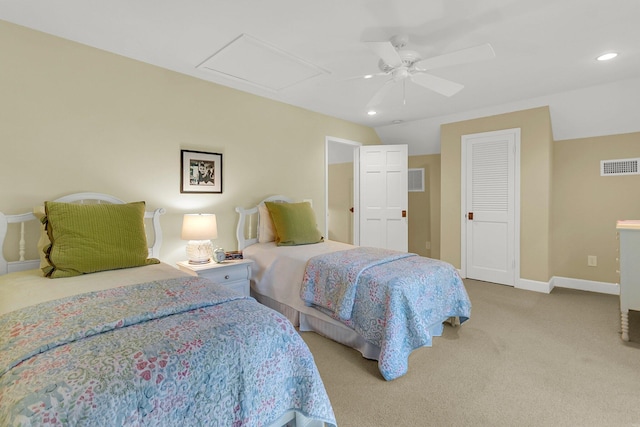 bedroom featuring light carpet, ceiling fan, and lofted ceiling