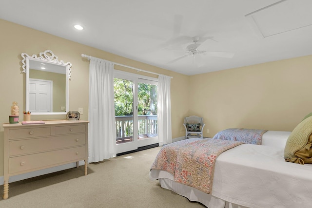 carpeted bedroom with ceiling fan and access to outside