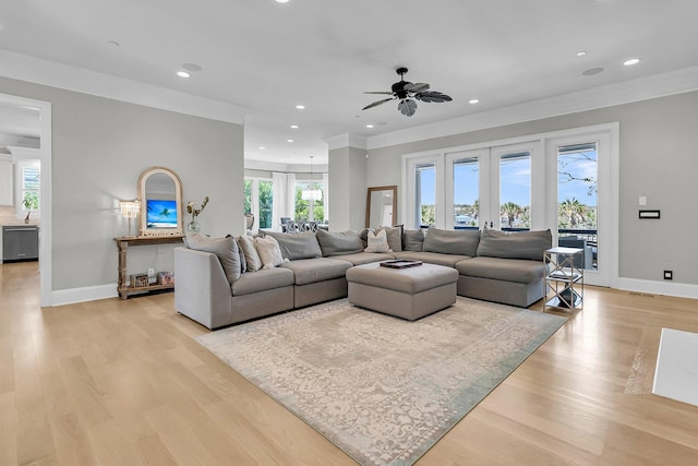 1720 Bowline Dr, Mount Pleasant, SC 29466 - living room featuring crown molding, light wood-type flooring, ceiling fan, recessed lighting, and baseboards