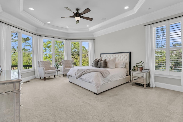 1720 Bowline Dr, Mount Pleasant, SC 29466 - bedroom featuring a tray ceiling, carpet floors, ornamental molding, a ceiling fan, and recessed lighting