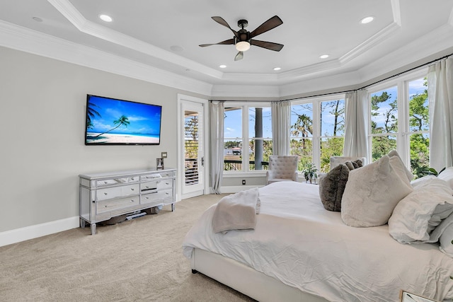 1720 Bowline Dr, Mount Pleasant, SC 29466 - bedroom featuring a tray ceiling, access to outside, crown molding, carpet flooring, and baseboards