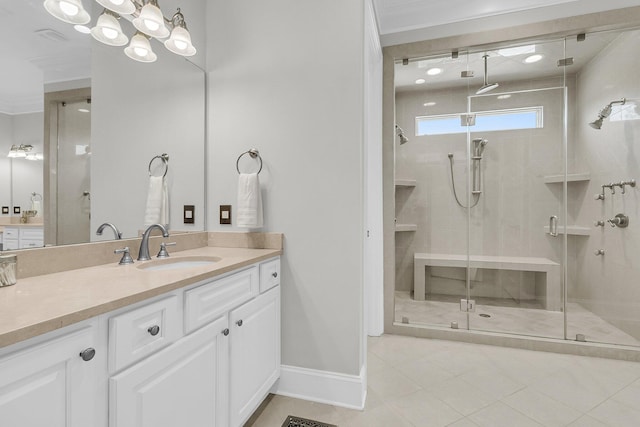 1720 Bowline Dr, Mount Pleasant, SC 29466 - full bathroom with a stall shower, vanity, tile patterned floors, baseboards, and crown molding