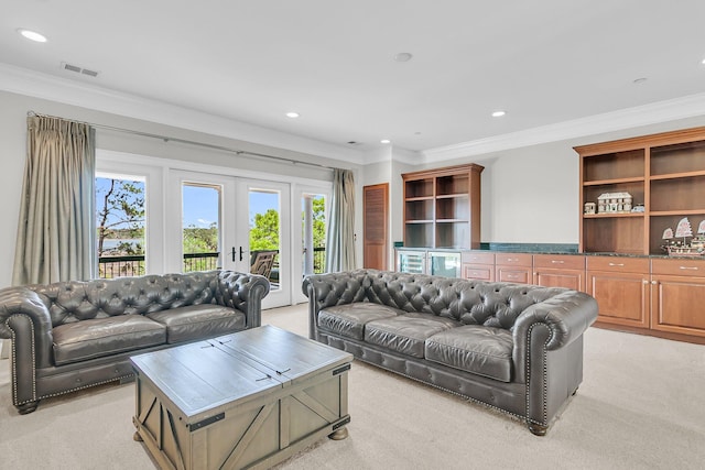 1720 Bowline Dr, Mount Pleasant, SC 29466 - living area featuring light carpet, ornamental molding, recessed lighting, and french doors