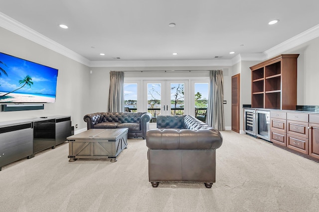 1720 Bowline Dr, Mount Pleasant, SC 29466 - living room featuring recessed lighting, baseboards, ornamental molding, light carpet, and wine cooler