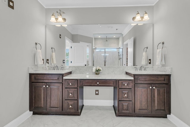 1720 Bowline Dr, Mount Pleasant, SC 29466 - full bathroom featuring a stall shower, ornamental molding, double vanity, marble finish floors, and baseboards