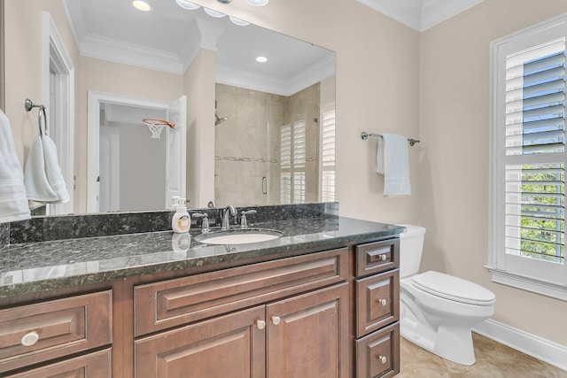 1720 Bowline Dr, Mount Pleasant, SC 29466 - bathroom featuring a tile shower, crown molding, vanity, toilet, and baseboards