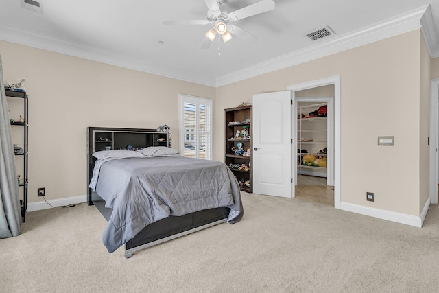 1720 Bowline Dr, Mount Pleasant, SC 29466 - bedroom with ornamental molding, light colored carpet, baseboards, a spacious closet, and a ceiling fan