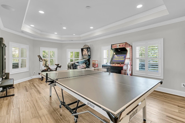 1720 Bowline Dr, Mount Pleasant, SC 29466 - recreation room featuring a raised ceiling, light wood finished floors, crown molding, baseboards, and recessed lighting