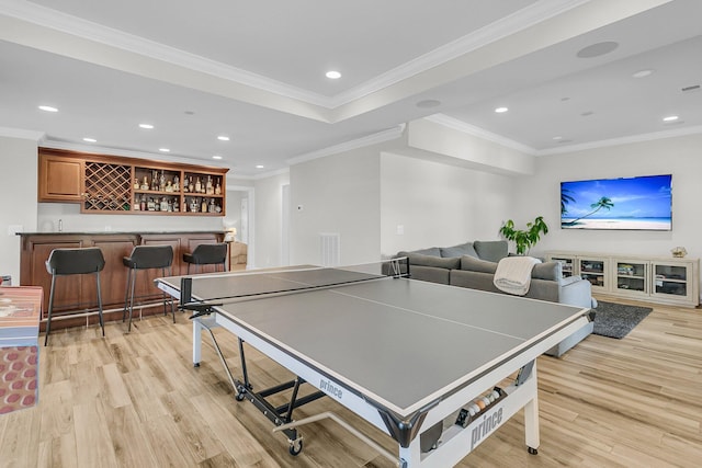 1720 Bowline Dr, Mount Pleasant, SC 29466 - playroom with bar area, light wood-style floors, ornamental molding, and recessed lighting