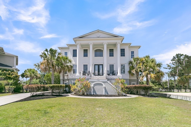 1720 Bowline Dr, Mount Pleasant, SC 29466 - greek revival inspired property with stairs, a front lawn, french doors, and covered porch